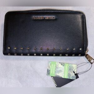 Badgley Mischka Studded Zip Around Wallet Black Gold Hardware NWT Designer